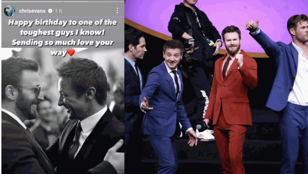A screenshot of Chris Evans' Instagram story. A black-and-white image of Evans embracing Jeremy Renner in the beginning of a hug. Text reads: